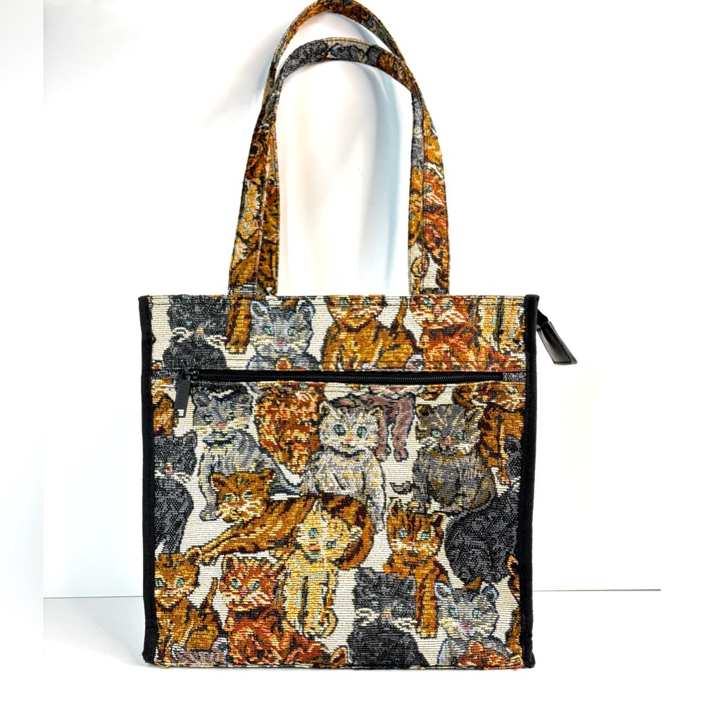 Cat Patterned 12” Tapestry Fabric Zip Top Tote Bag by JADE